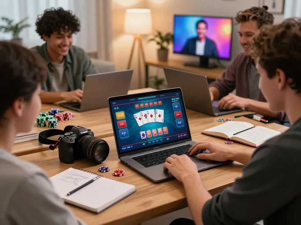 Engaging in online poker at NK88 with strategic gameplay on a laptop in a cozy setting.