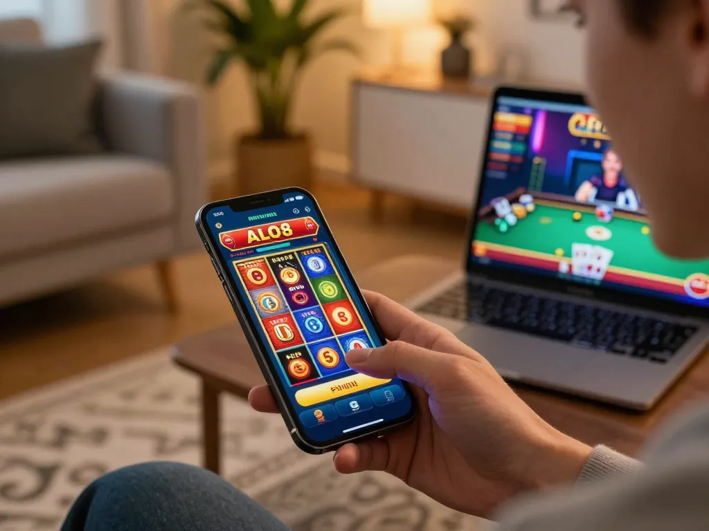Experience thrilling gameplay with ALO8 VIP while spinning the reels on a mobile casino app.