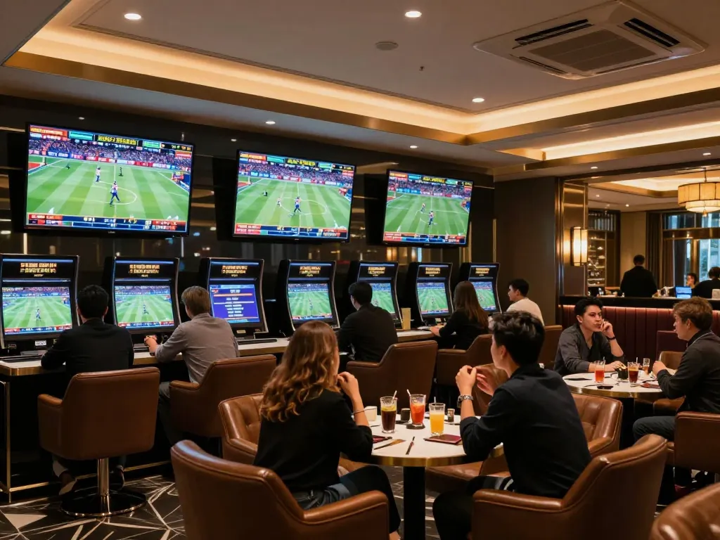 Engaged bettors placing wagers on resultsfootball in a luxurious sports betting lounge with live games.