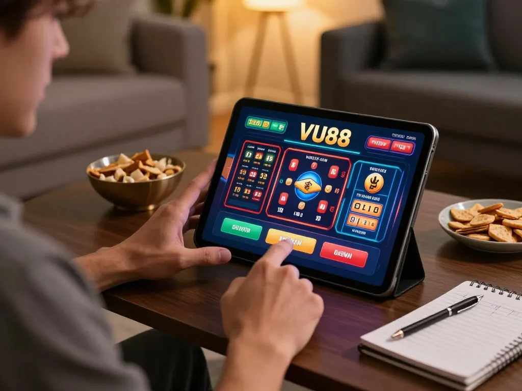 Engaging with sports betting and casino games on VU88 tablet in a cozy home setting