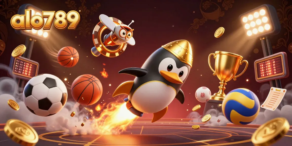Engage with alo789, featuring a golden penguin launching into a cosmic casino, surrounded by vibrant sports elements.