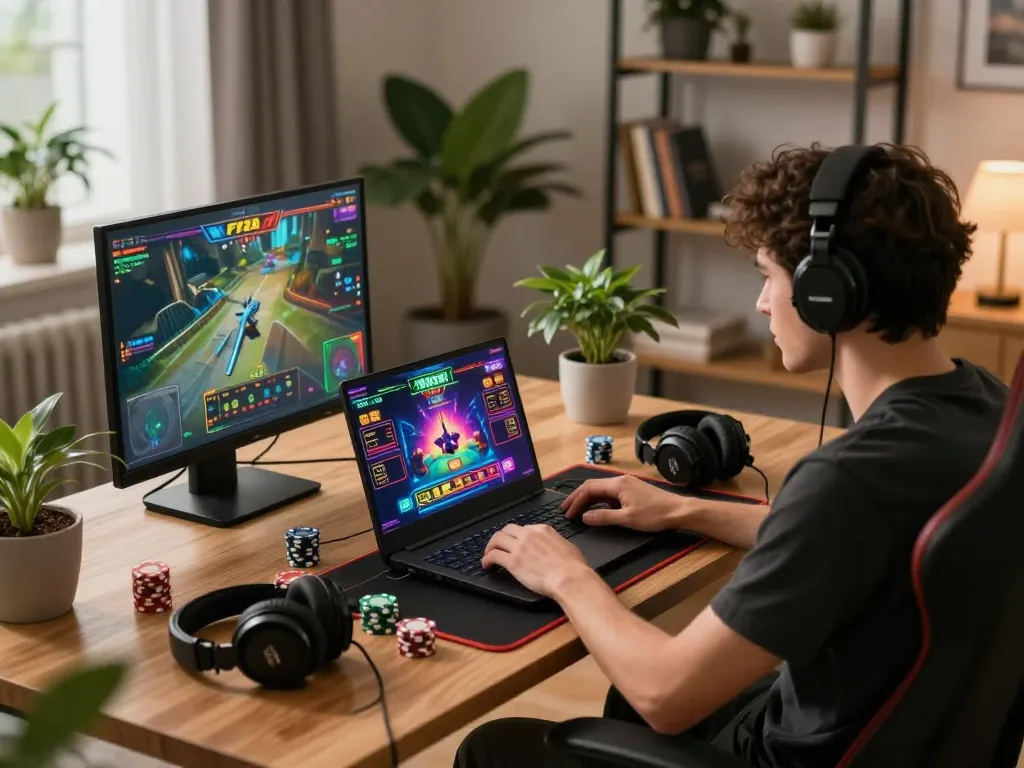 Player immersed in F168 online casino gaming at stylish home setup with vibrant interface.