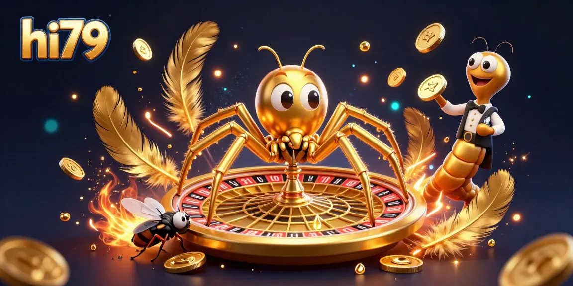 Engage with hi79 as a fly nervously bets at the roulette wheel spun by a golden spider in a lively casino scene.