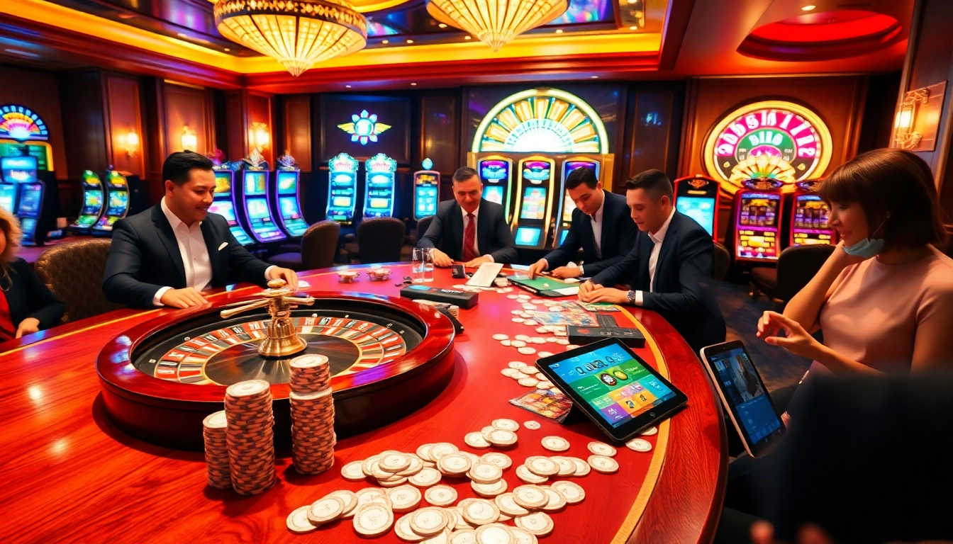Experience the thrill of online gambling at https://56win.to/ with vibrant casino tables and excited players.