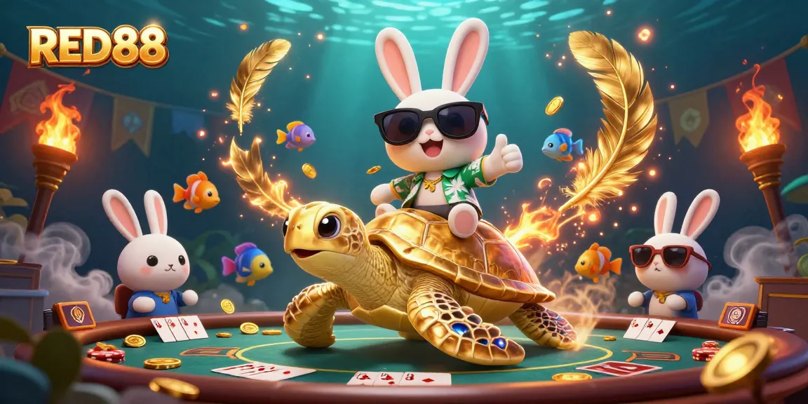 Engage in exciting poker action at RED88 with the lucky rabbit and golden turtle amidst vibrant 3D visuals.