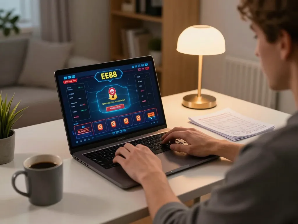 Engaging user plays on laptop with EE88 casino interface, showcasing strategic bankroll management.