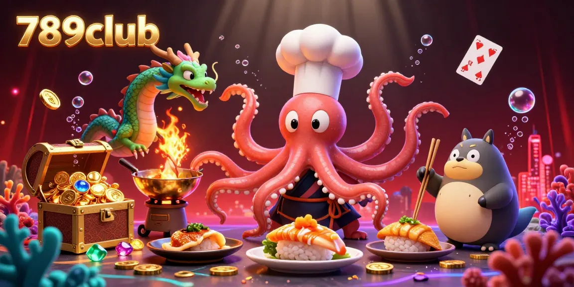 Experience the excitement of 789club with a vibrant scene featuring a chef octopus, dragon, and tanuki amid gold treasures and casino elements.