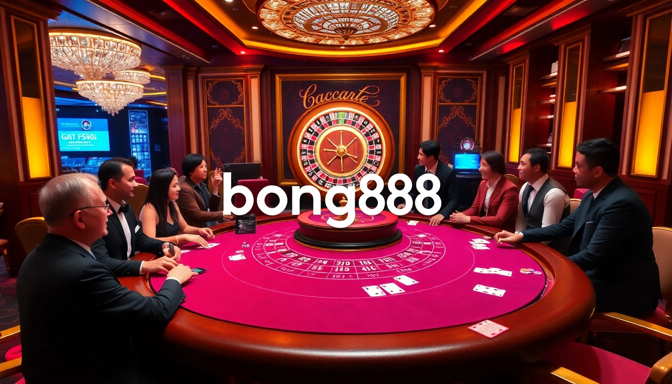 bong88 players enjoying a high-stakes game at a luxurious baccarat table in a vibrant casino setting