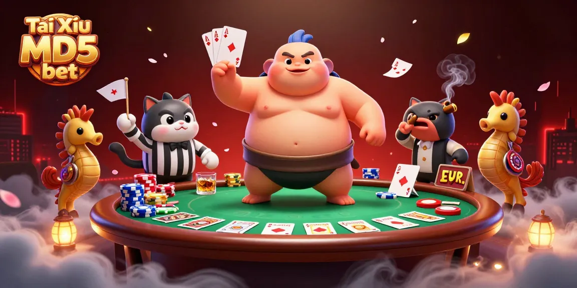 Tài Xỉu MD5 bet interactive scene with a fugu character, poker table, and vibrant casino elements.