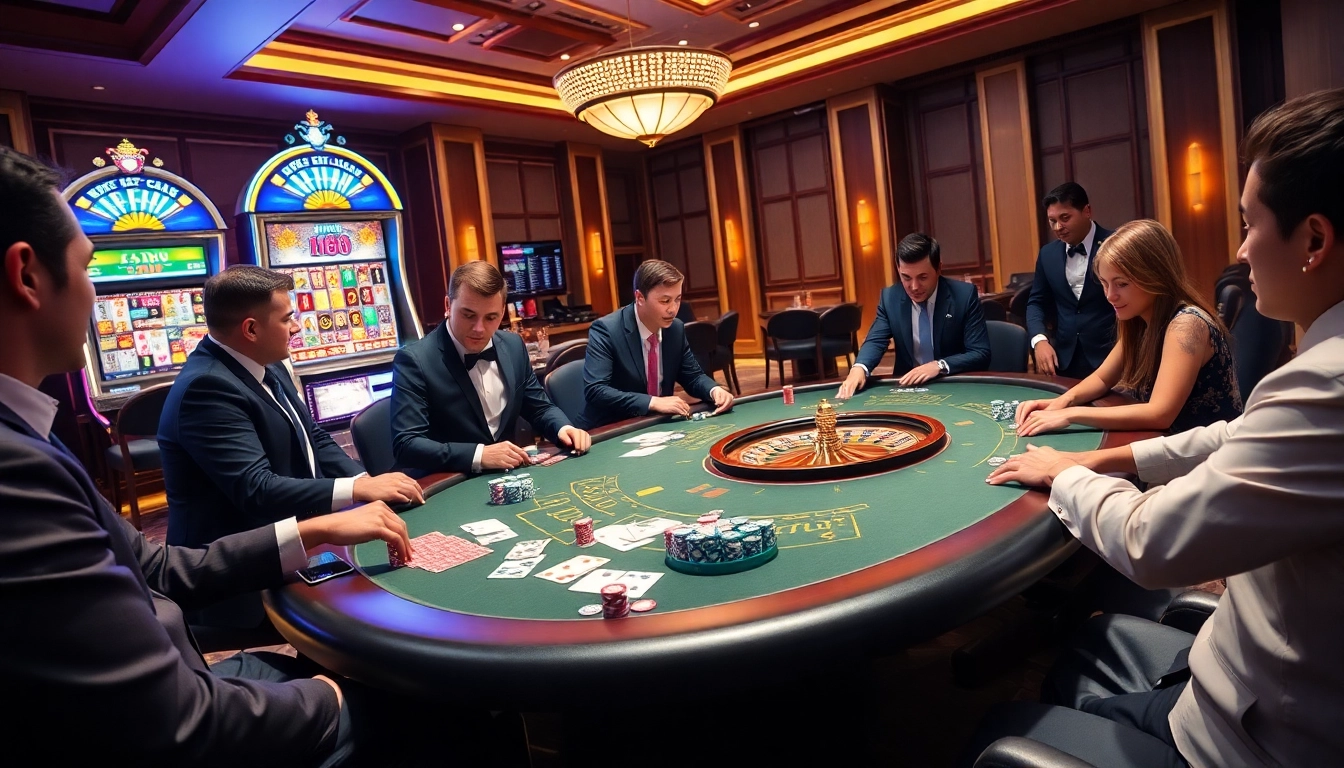 Experience the thrill of F168 as players engage in poker surrounded by vibrant casino elements.
