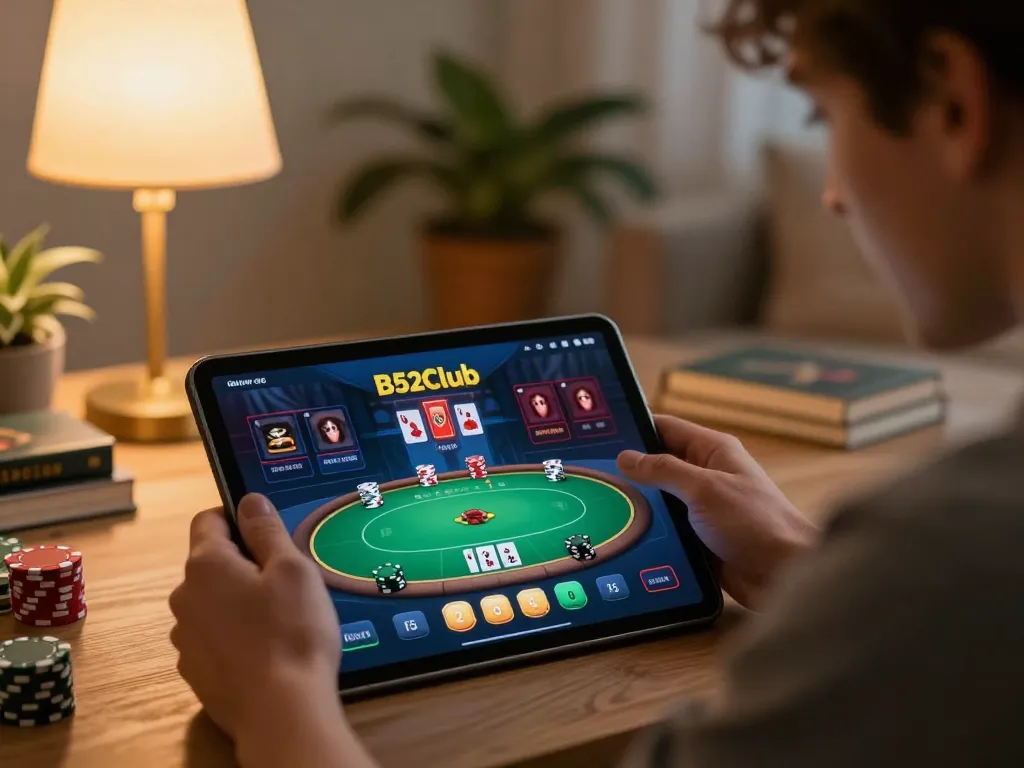 Player engaged in online gaming on the B52Club app in a cozy environment, showcasing responsible gambling.
