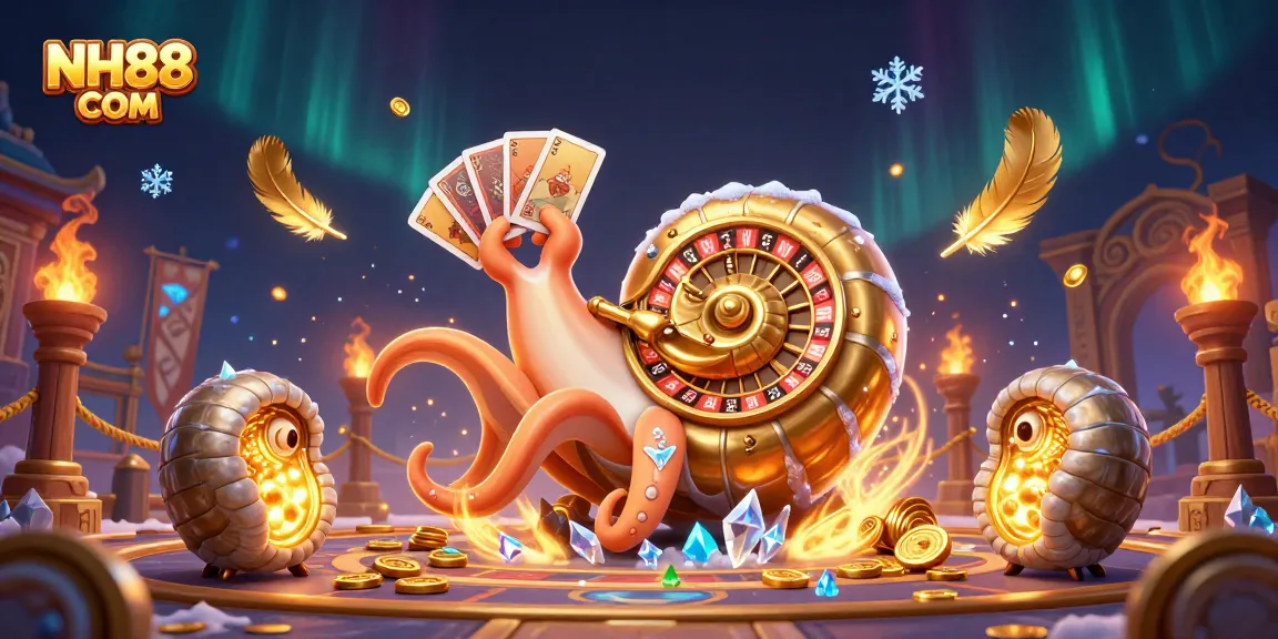 Win big at NH88 COM with this colorful casino scene featuring a giant nautilus roulette wheel and vibrant game elements.