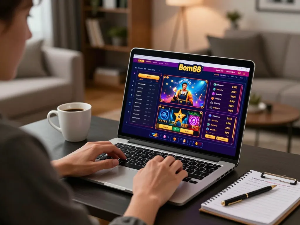 Engaging in a strategic online gaming session on Bom88, showing laptop display and betting notes.
