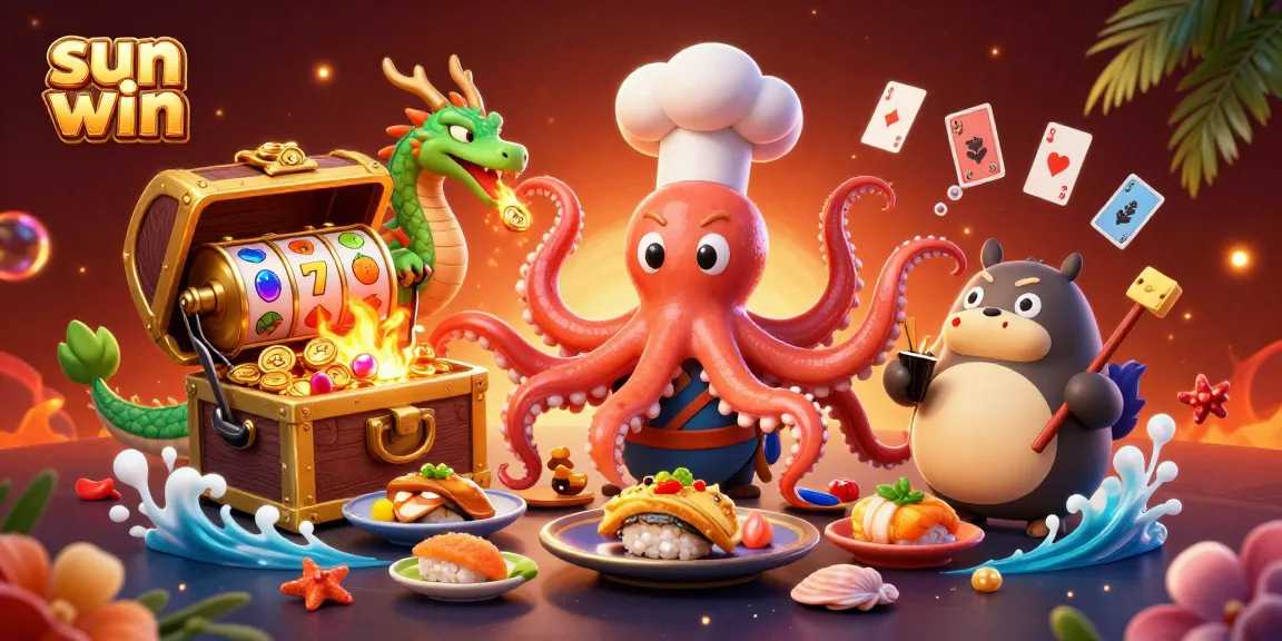 Experience the thrill at sun win casino with vibrant 3D characters and golden slot elements.