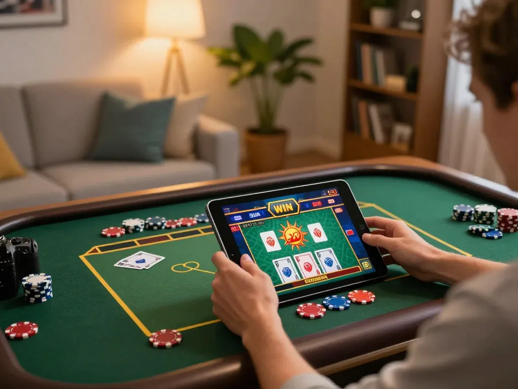 Engaging with the Sun win online gaming platform on a tablet in a cozy home setting.