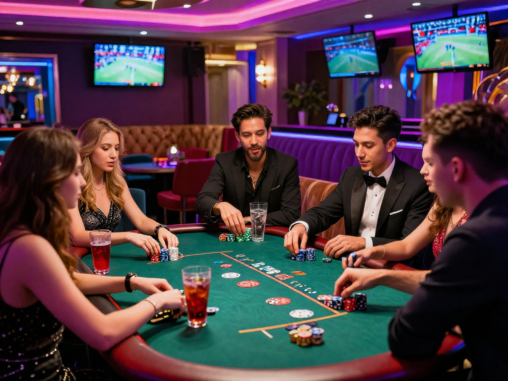 KOMBET168 gaming experience at a vibrant casino poker table, friends engaged in lively gameplay.