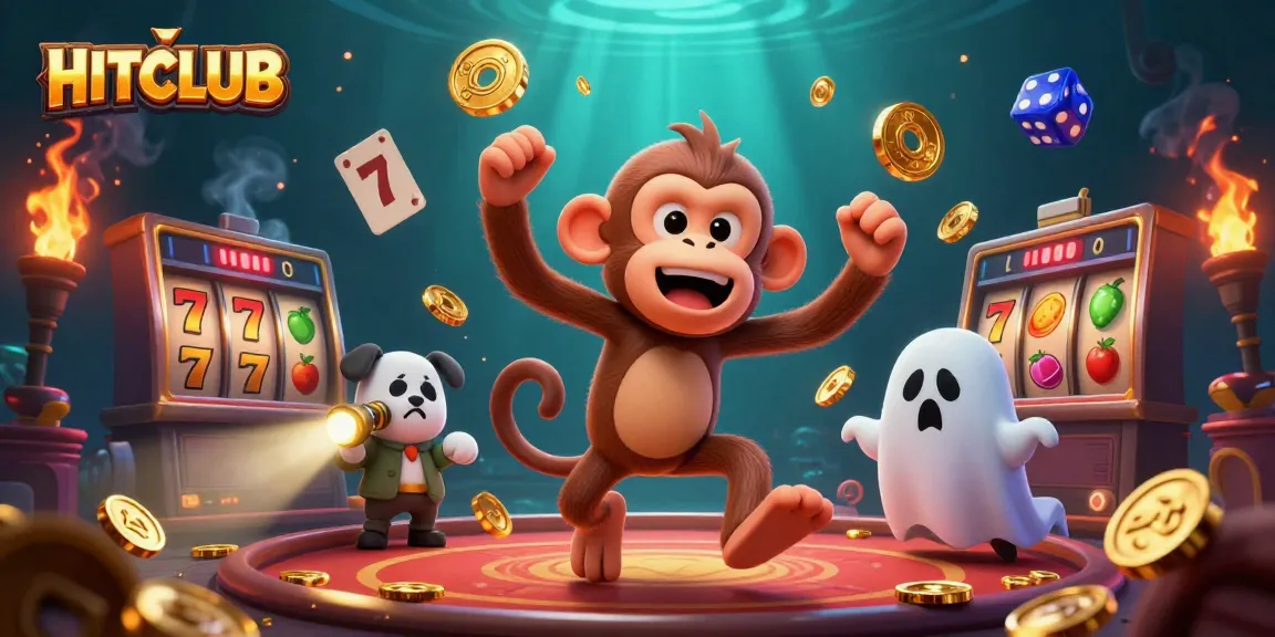 Engage with HITCLUB's thrilling 3D gaming scene featuring lively characters in a haunted casino atmosphere.