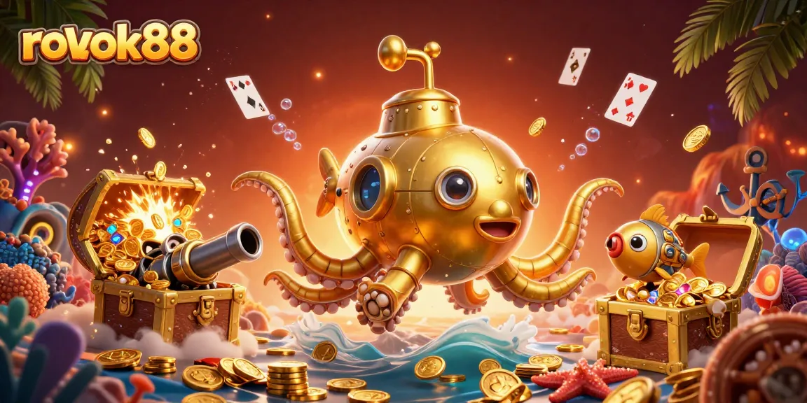 Engage with rokok88's thrilling underwater casino adventure featuring a golden kraken and treasure!