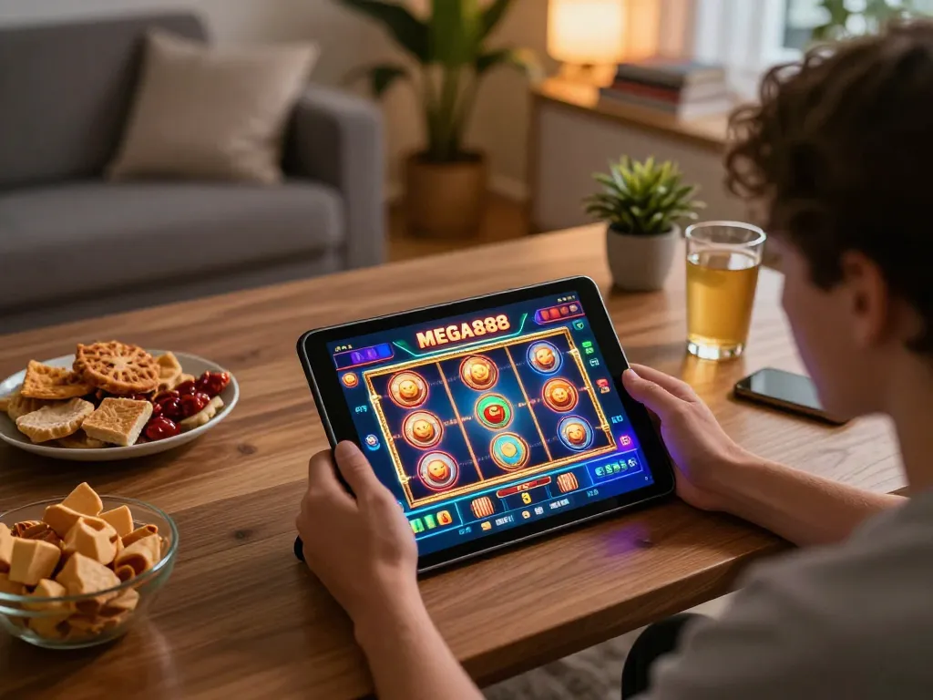 Engaging with MEGA888 casino app on tablet in a cozy gaming setup with snacks and beverages.