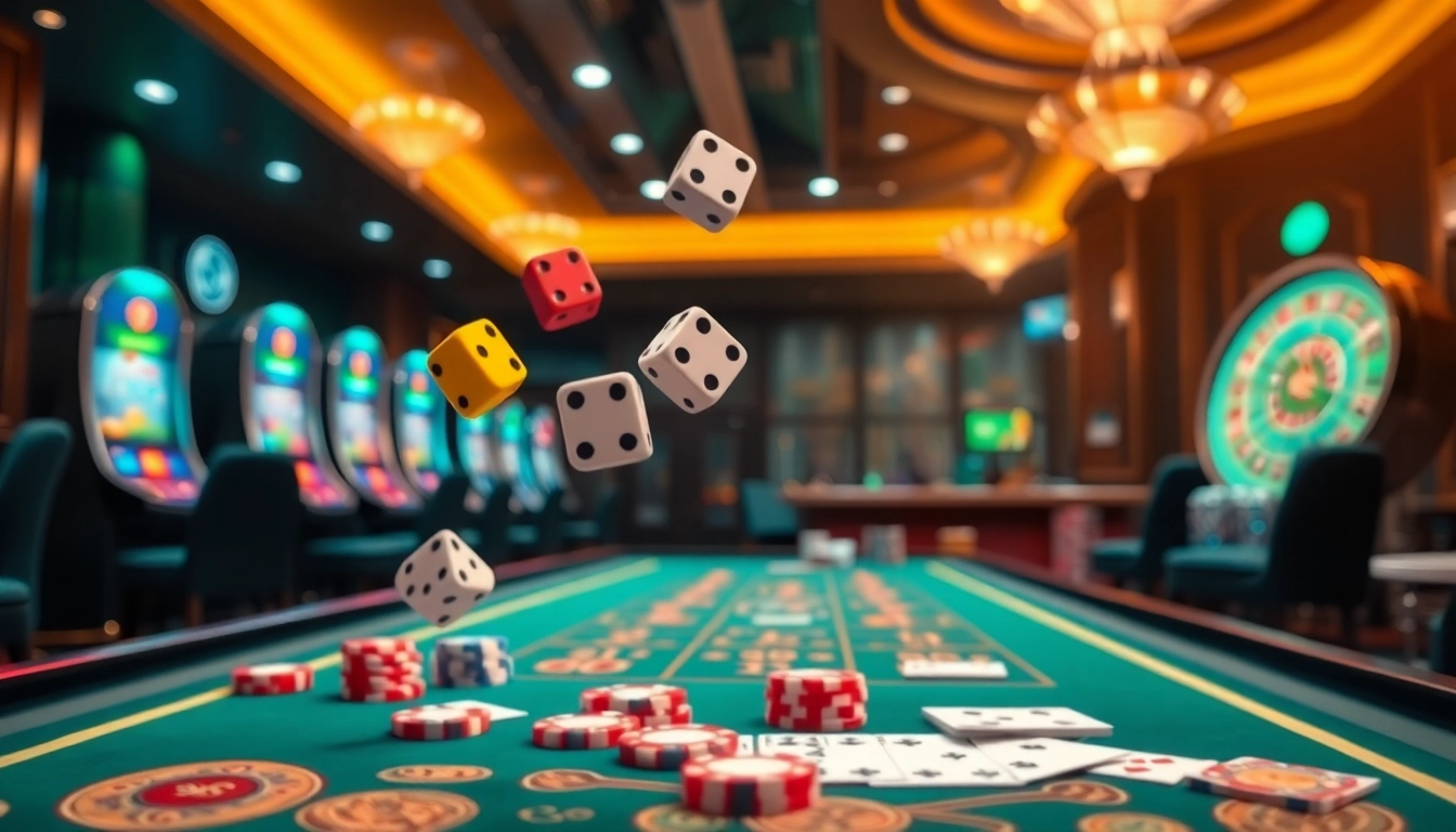Players engaging in Tài Xỉu MD5 at a vibrant casino table, capturing the thrill of betting.