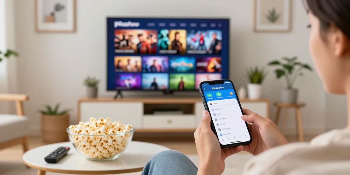 Pikashow APK download in action at home, person exploring entertainment content on smartphone, cozy living room setup.