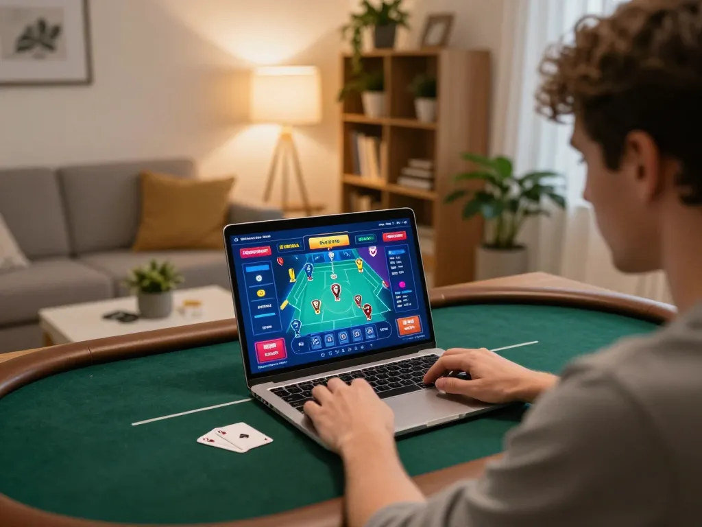 Player enjoying poker on laptop at home, showcasing strategic gameplay on trang chủ fly88