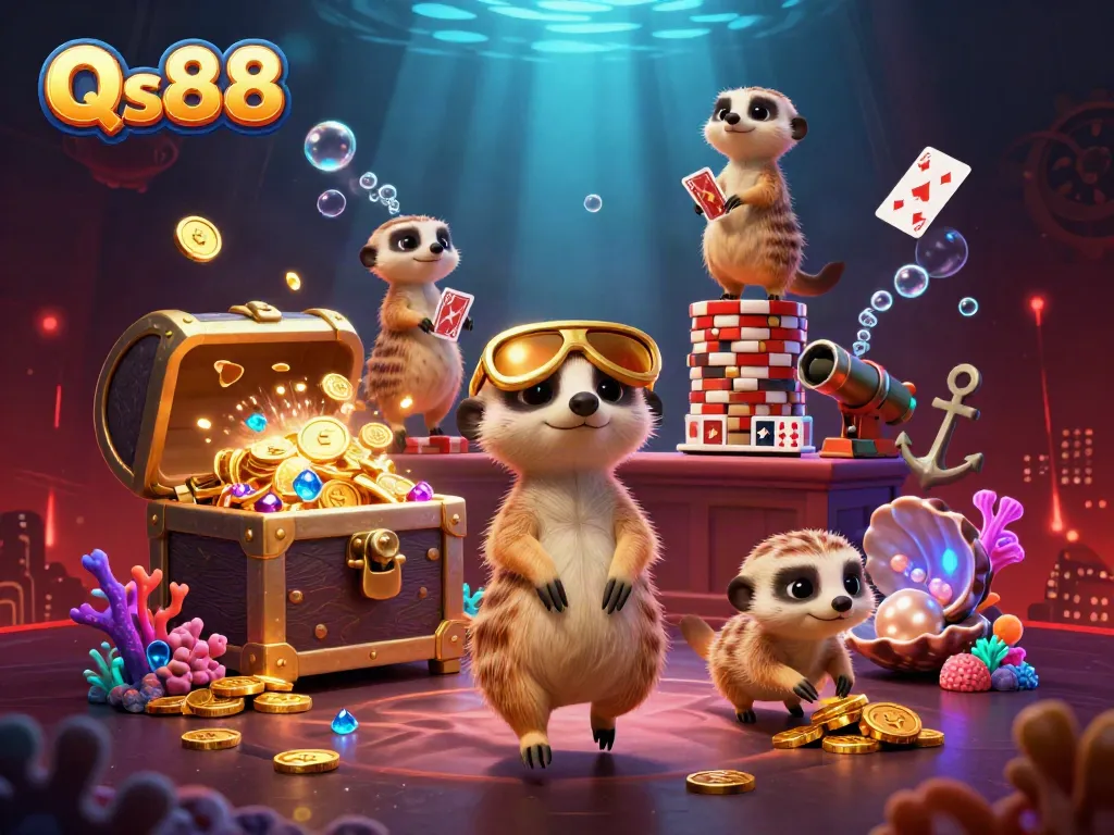 Experience the vibrant world of Qs88 through playful meerkats managing a dynamic casino scene.