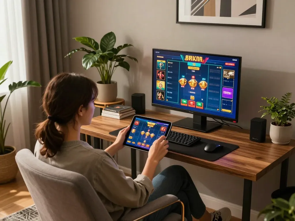 SX88 user engaging with online casino app on tablet in a cozy home setup.