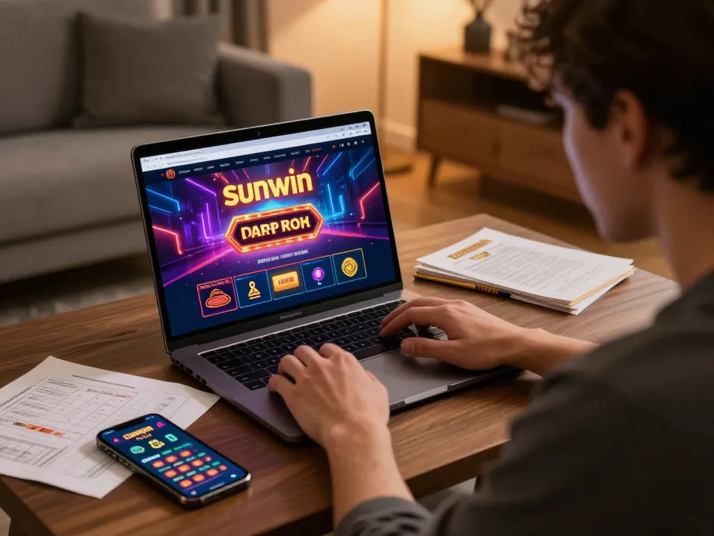 Engaged player using Sunwin app on laptop for online gambling in a cozy setup.