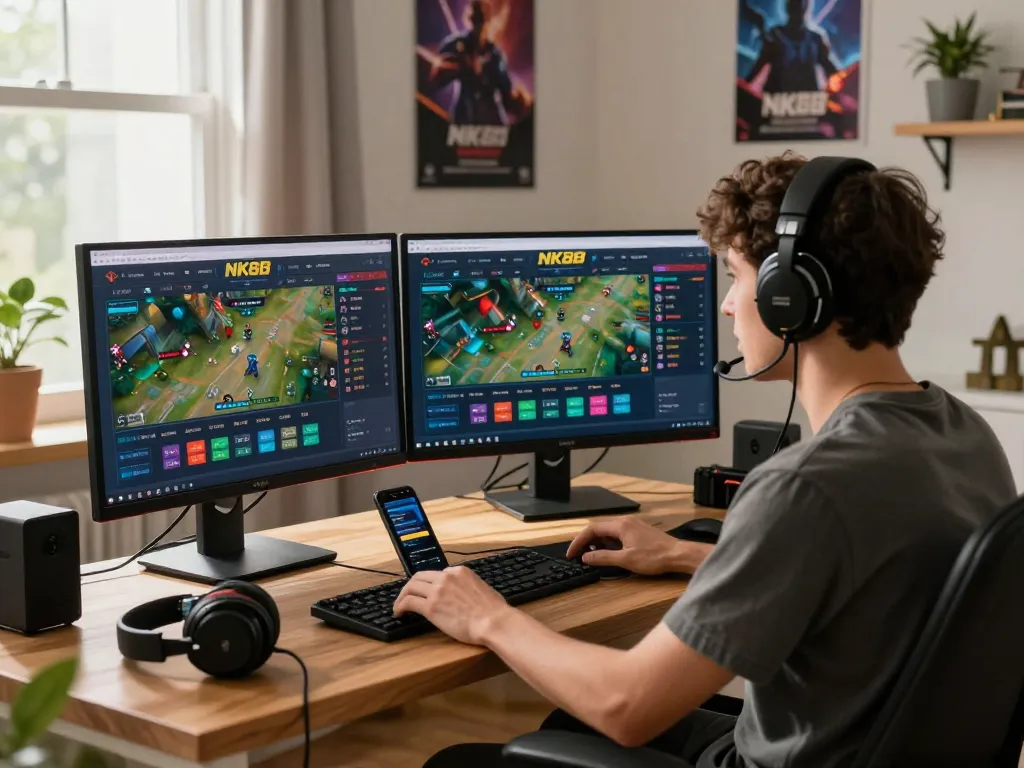Engaged player exploring NK88 top online betting experience at home with vibrant displays.