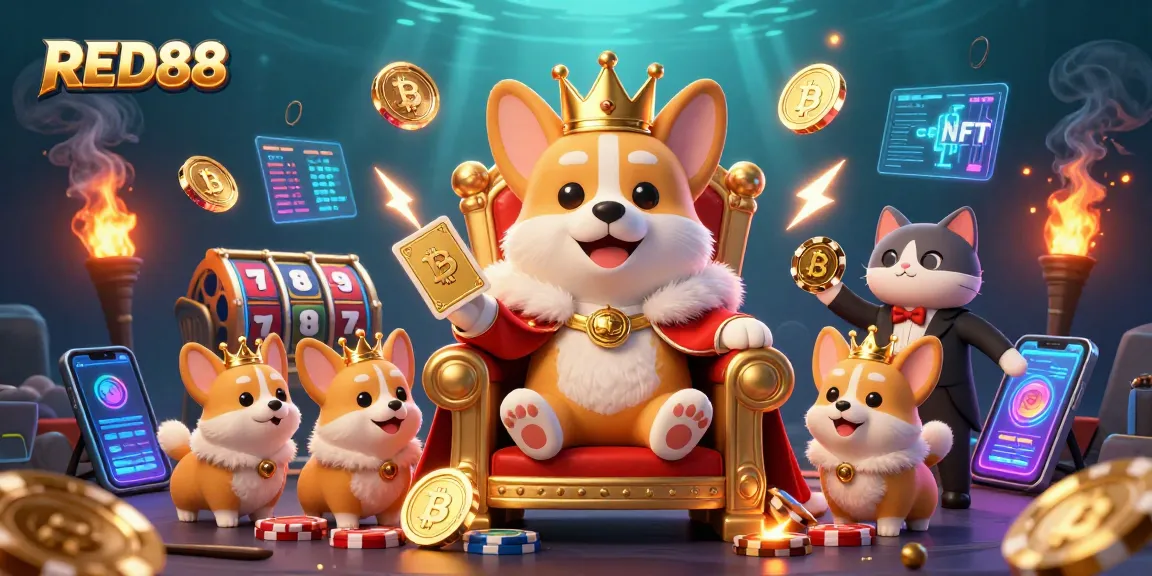 Experience the excitement at RED88 with a royal corgi and casino-themed elements in this vibrant illustration.