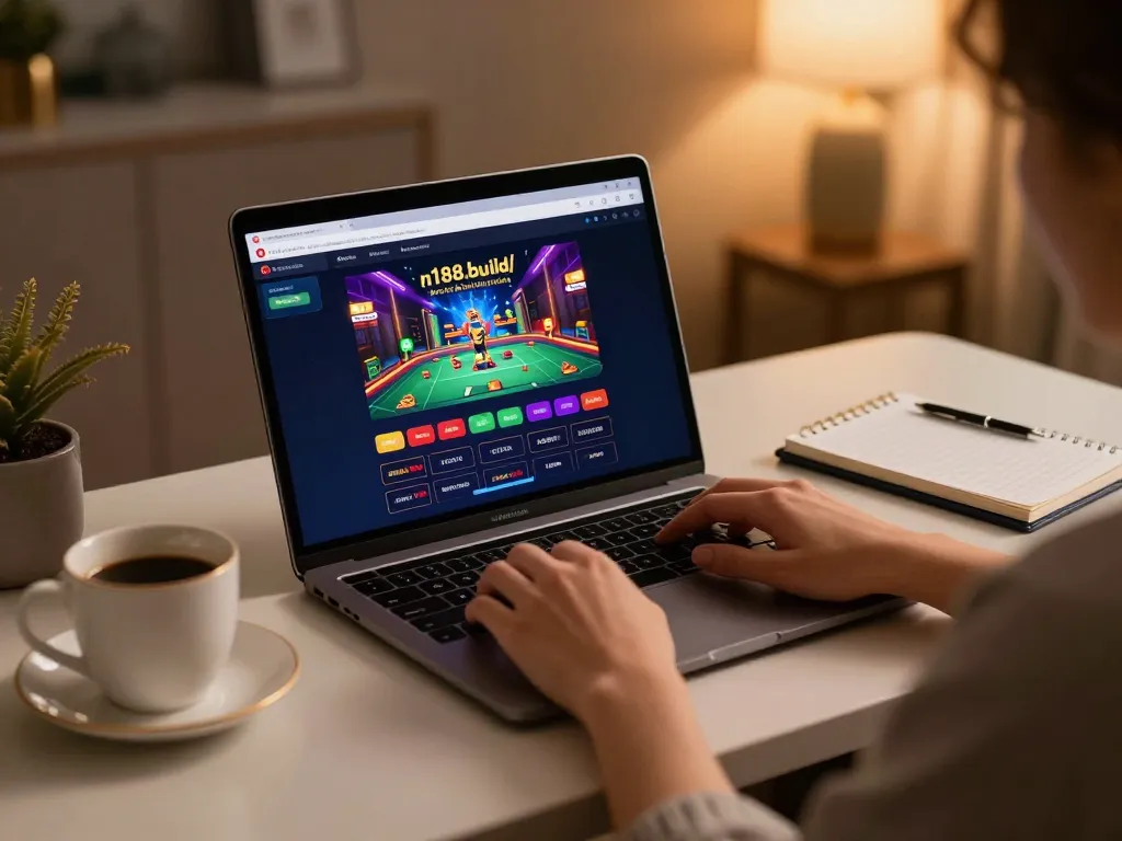 Engaging with online gaming at https://n188.build/ on a stylish laptop, showcasing a cozy atmosphere.