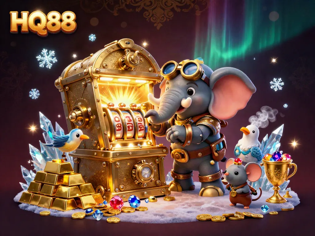 Play exciting games at HQ88 featuring a colorful scene with steampunk characters and slot machines.
