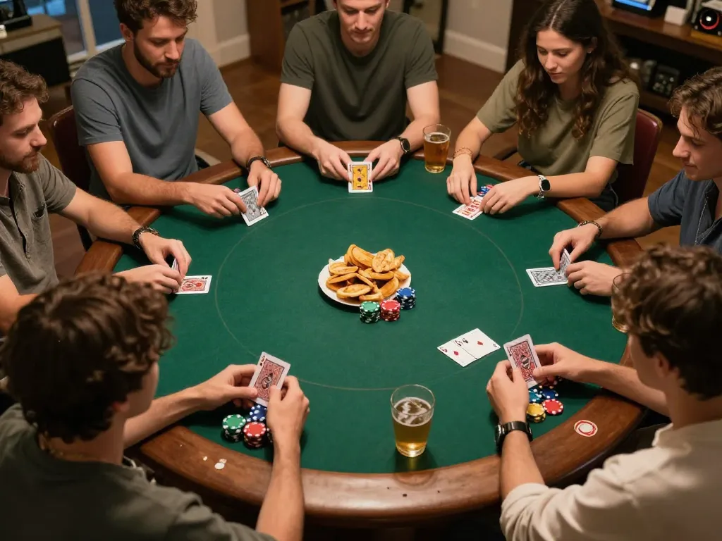 Friends playing poker at home with chips and cards, showcasing VS555 Bangladesh gaming experience.