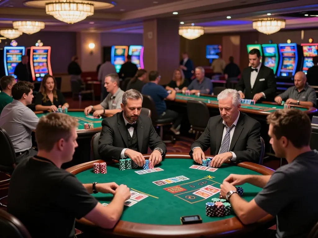 Engaging scene of SC88 players strategizing at a busy blackjack table amidst vibrant casino ambiance.