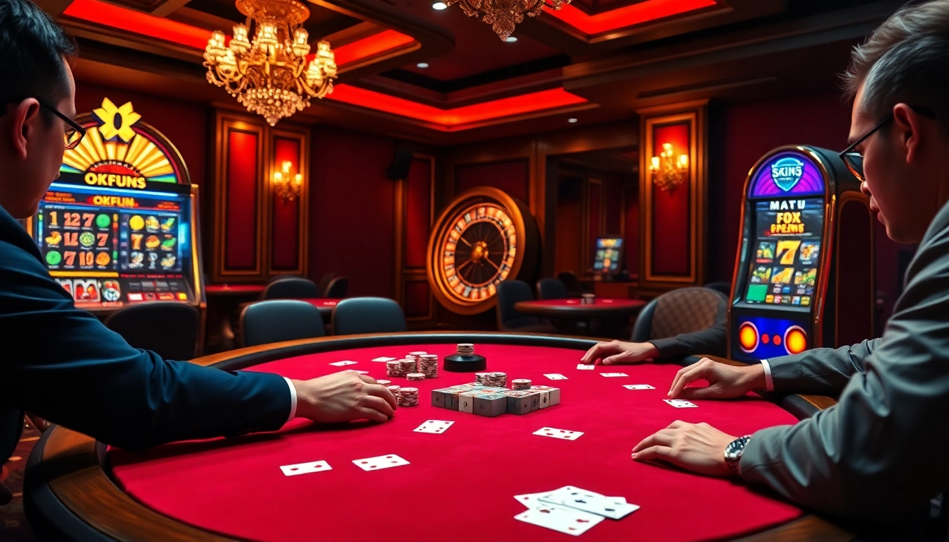 Experience OKFUN at a luxurious casino table featuring intense poker action.