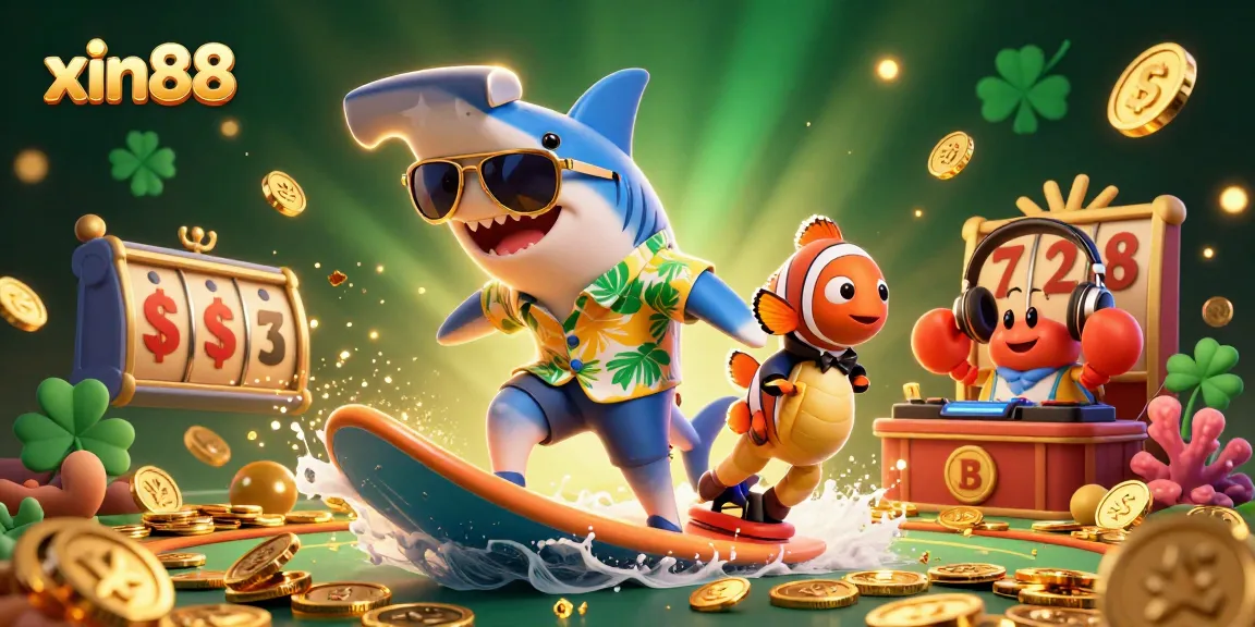 Experience the excitement of xin88 gaming with a 3D hammer-head shark surfing on gold coins!