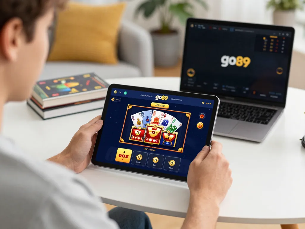 Engaging with go89 casino app on tablet from a cozy home office during gameplay