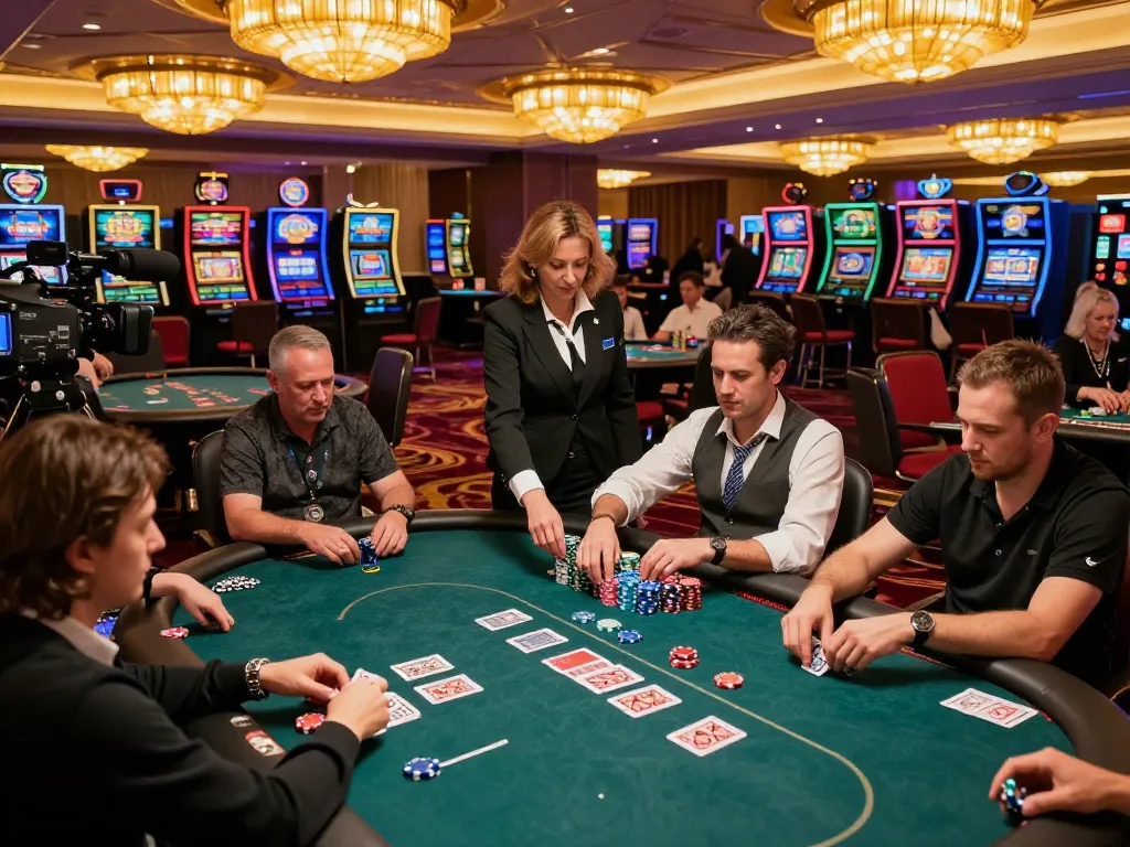 Engaging poker game at a high-end casino showcasing 23WIN gameplay, with players focused and chips in motion.