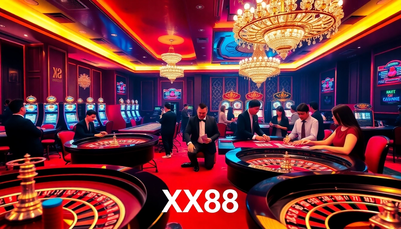 Exciting casino atmosphere at XX88 featuring roulette tables and poker players in action.