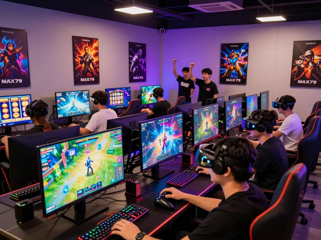 Engaged gamers at MAX79 enjoying thrilling online gaming experiences featuring various slot games and esports.