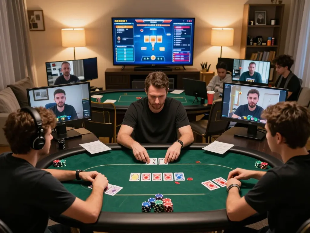 CM88 players engaged in an online poker tournament, showcasing excitement and strategic gameplay in cozy home settings.