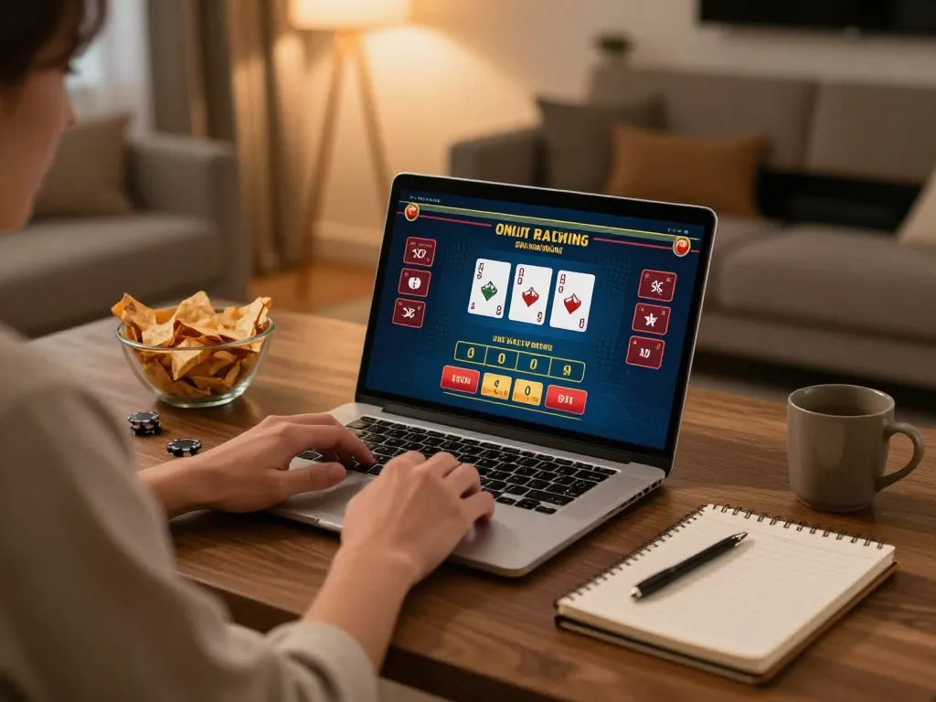 Playing blackjack on u888 platform from a cozy home setup, showcasing online gaming.