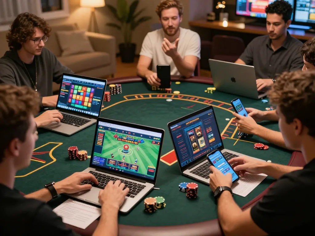 Players engaging in diverse vsbet online casino games from home, showcasing poker and slots