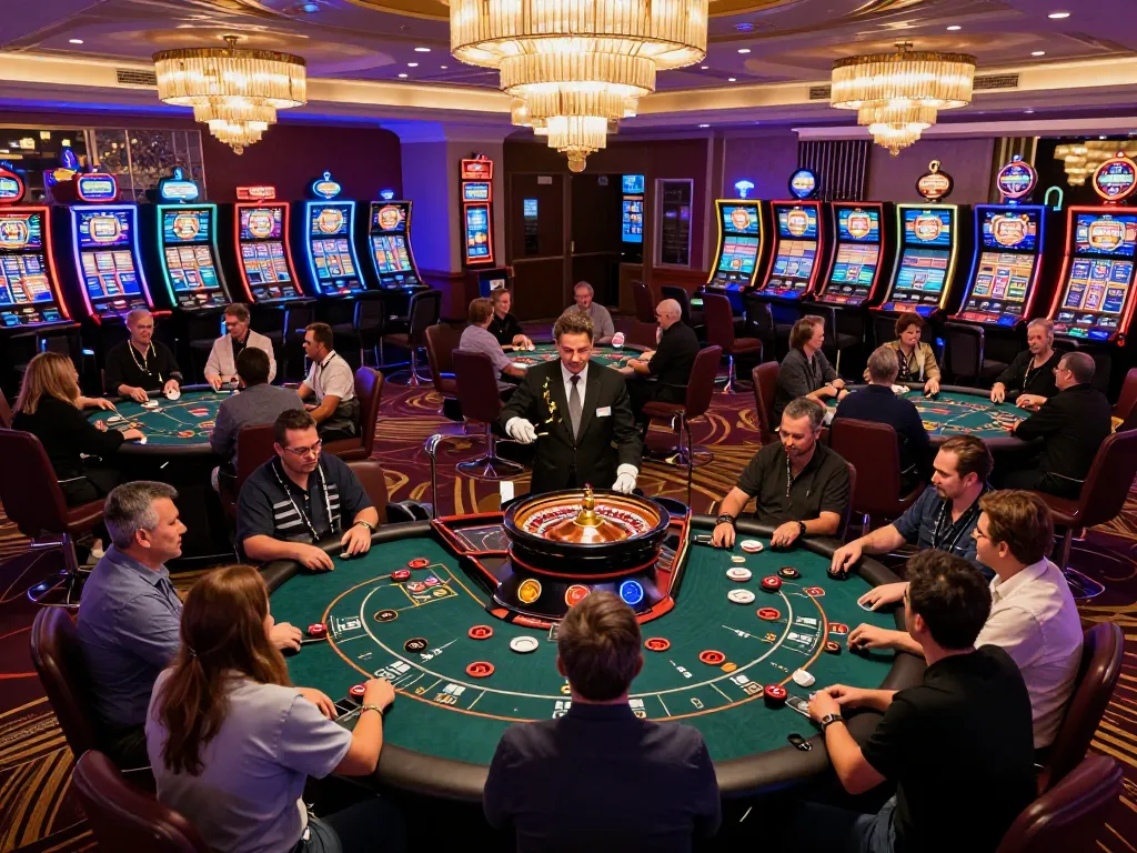 Players enjoying poker at 69vn casino, showcasing a lively gambling atmosphere with vibrant slot machines and exciting gameplay.