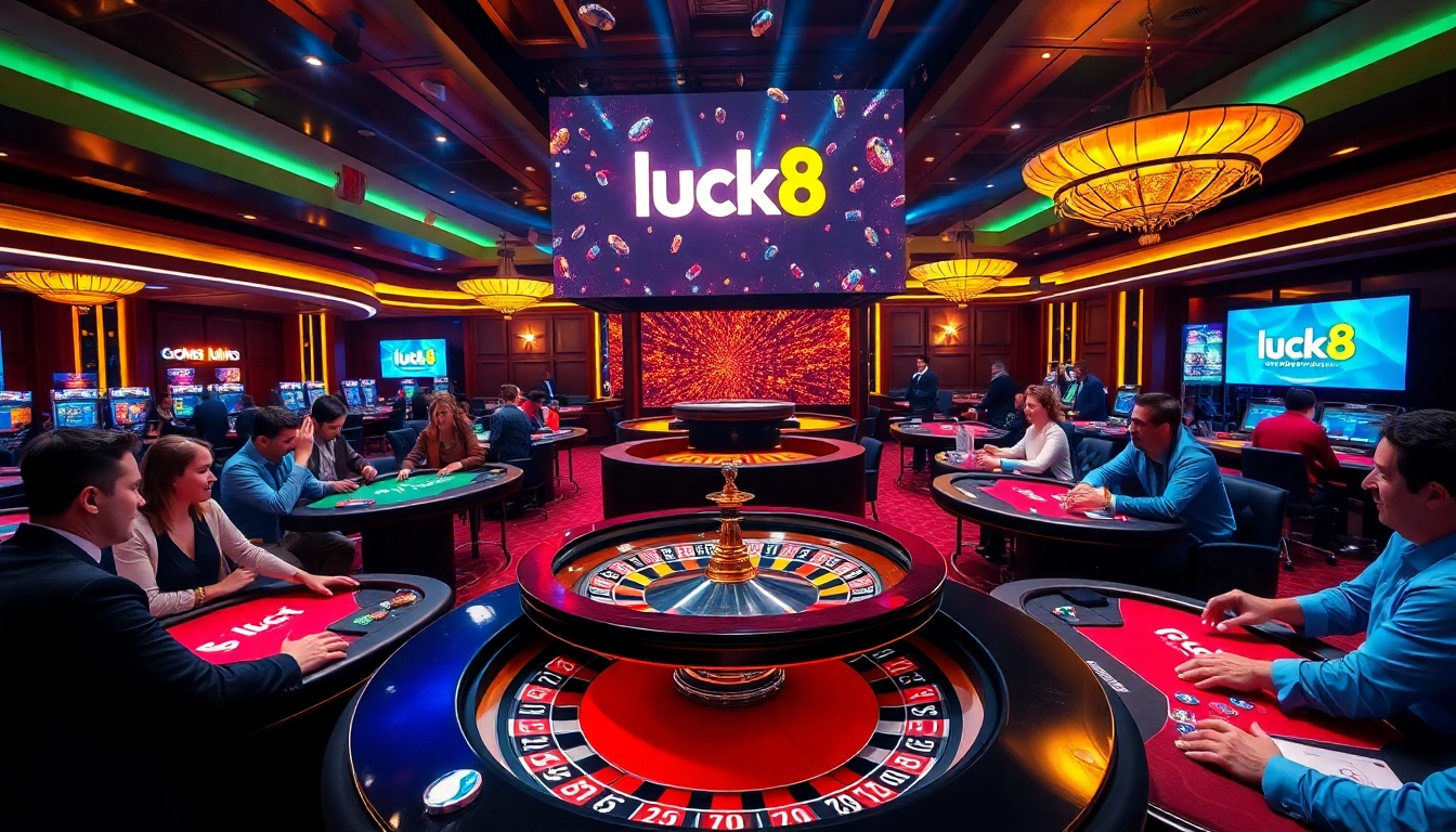 Experience the thrill of luck8 at a vibrant casino with poker tables and roulette wheels.