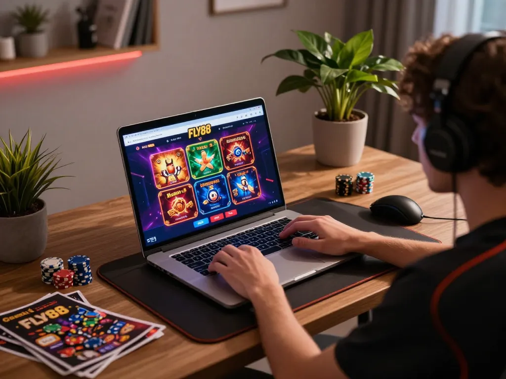 FLY88 player strategizing at a stylish online gaming setup showcasing vibrant casino games.