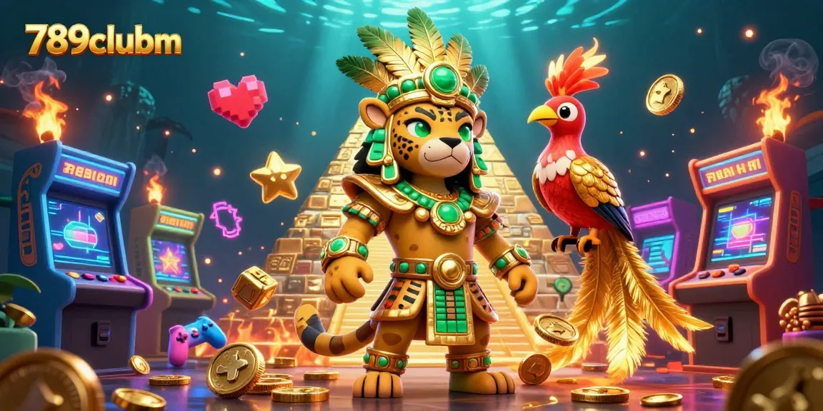Engage with 789clubm through vibrant gaming elements featuring a Mayan priest and colorful casino visuals.