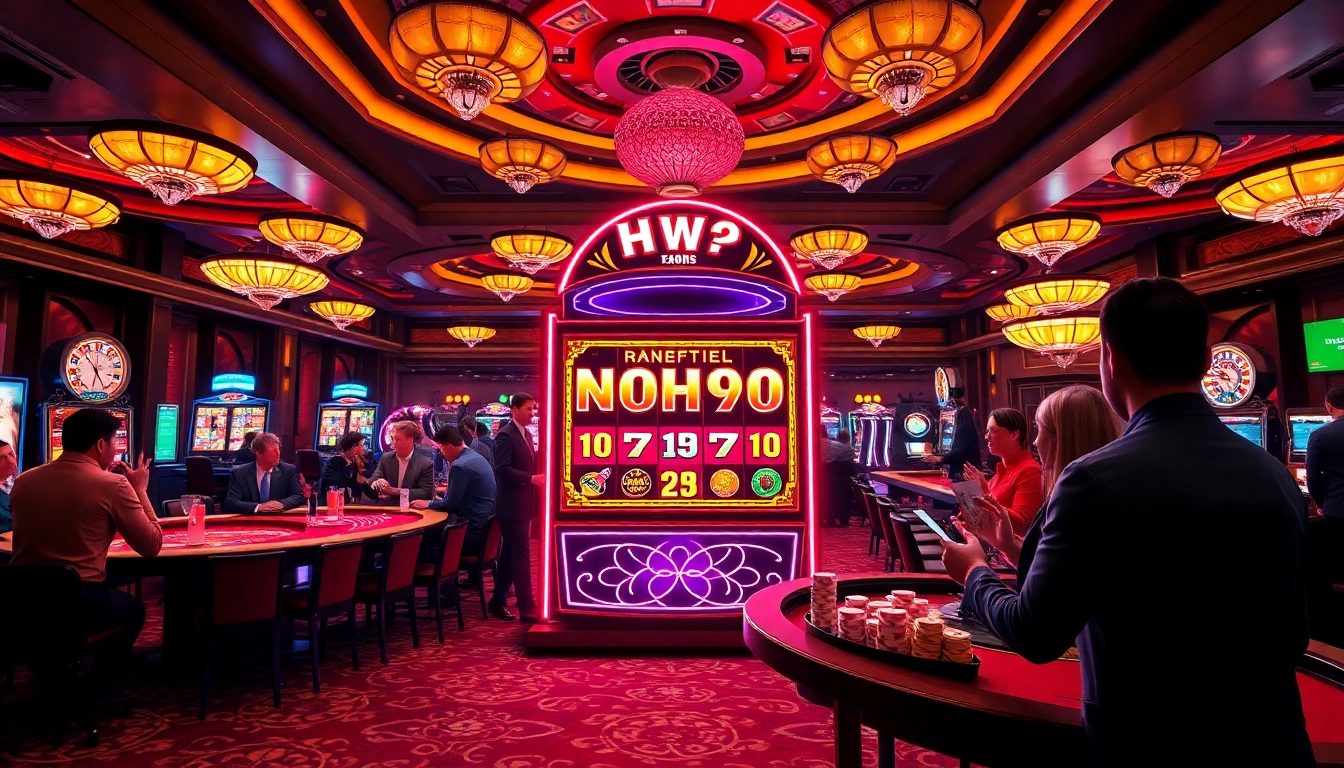 Players enjoying the excitement of NOHU90 slot machines in a luxurious casino environment.