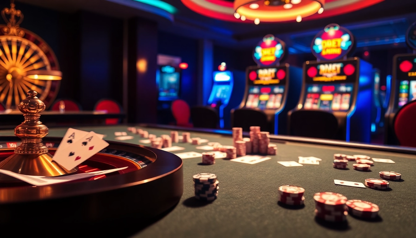 Experience thrilling gameplay at i9bet's luxurious casino with vibrant slot machines and poker tables.